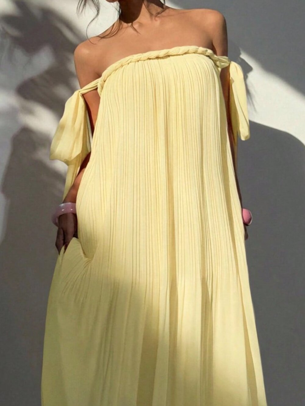 Light Yellow Bohemian Women's Off-Shoulder Chiffon Maxi A-Line Dress - Picture 7 of 8